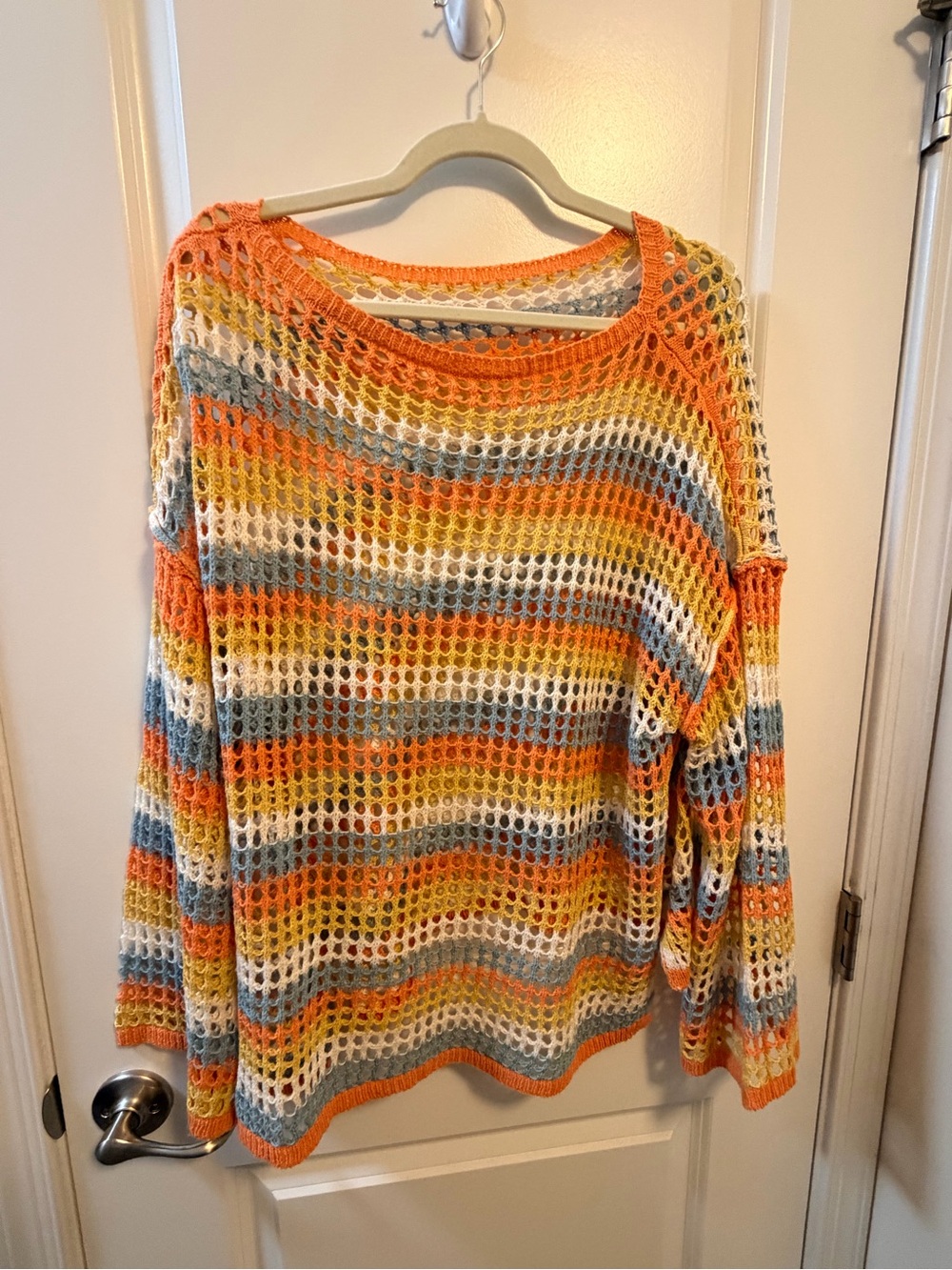 Knitted Open-Weave Striped Sweater - Orange Multicolor